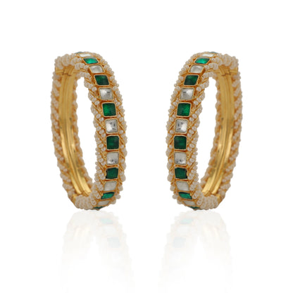 Gold Finish Semi Precious White And Green Jadtar Bangles Design By Riana Jewellery