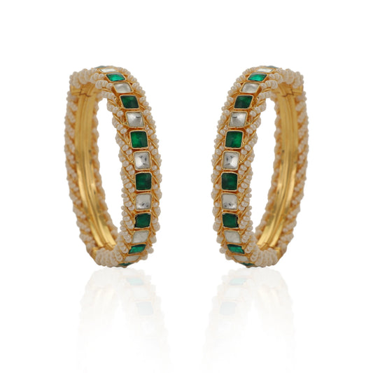 Gold Finish Semi Precious White And Green Jadtar Bangles Design By Riana Jewellery