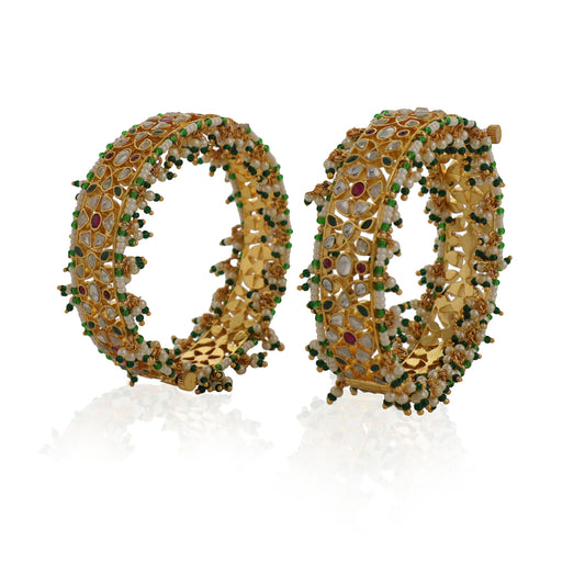 Wedding Special Women'S Pink And White Jadtar Bangles With Green Hangings