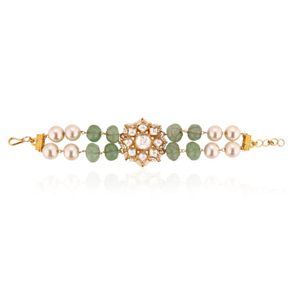 22Kt Gold Plated Jadtar Stone With Sea Green Beads And Pearl Bracelet