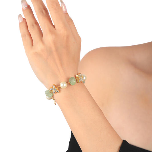 White Butterfly Stone With Sea Green Bead And Pearl Bracelet