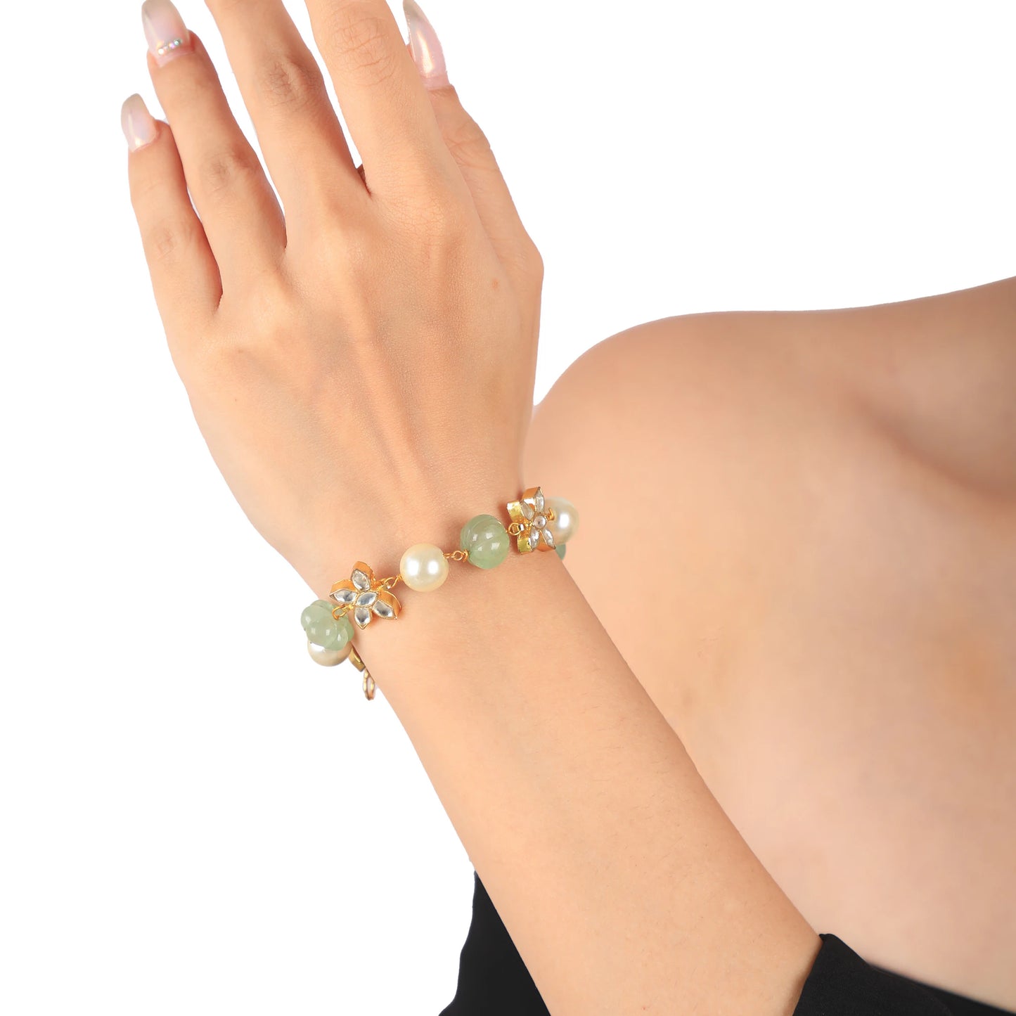 White Butterfly Stone With Sea Green Bead And Pearl Bracelet