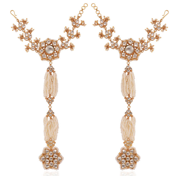 Stunning Bridal Accessory Combining Silver Floral Jadau Design With Pearl String For A Touch Of Sophistication ( Pair)