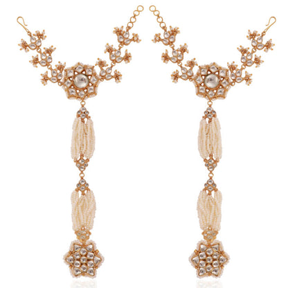 Stunning Bridal Accessory Combining Silver Floral Jadau Design With Pearl String For A Touch Of Sophistication ( Pair)