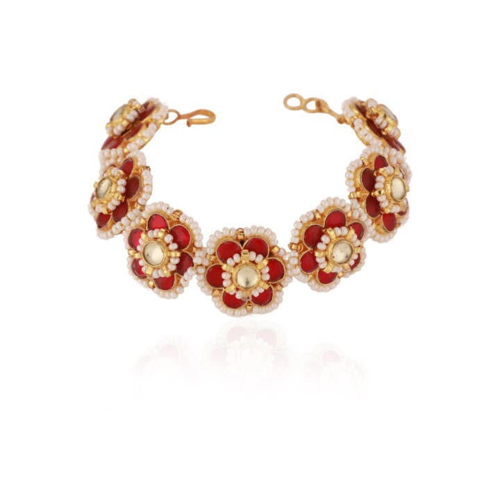 Delicate Bracelet In Ruby And Pearls For Festive Wear Studded With Jadau Stones