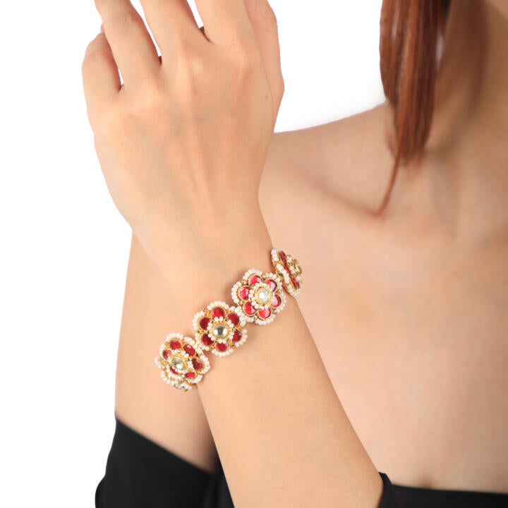 Delicate Bracelet In Ruby And Pearls For Festive Wear Studded With Jadau Stones