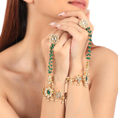 Indian Wedding Wear Green & White Hathphool With White Hangings(Pair)