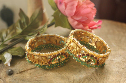 Emerald and  pearl polki kangen with screw clasp(single pc)