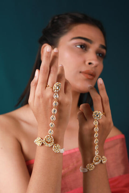 Gold plated white Embellished Hathphool(pair)