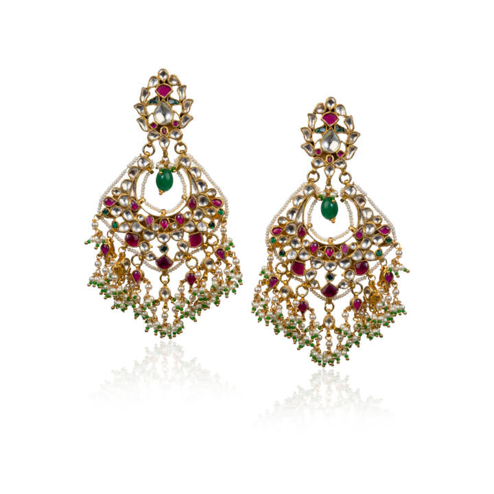 Pink,White And Green Jadtar Stones Big Chand Baalis Style Earrings