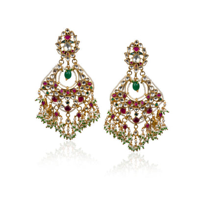 Pink,White And Green Jadtar Stones Big Chand Baalis Style Earrings
