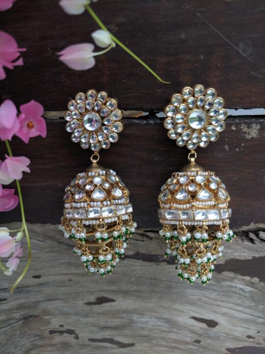 White Jadtar Stone Big Jhumki With Green Hangings