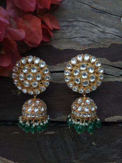White Jadtar Stone Big Tops With Jhumki In Green Hangings
