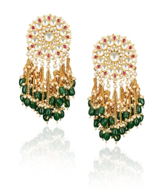 Long Earrings In Pink And White & Green With Chain Drops
