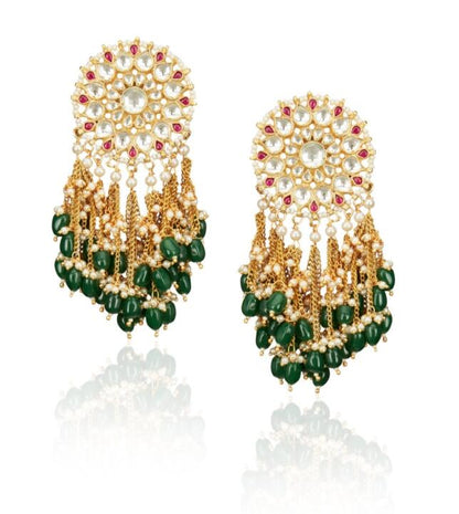 Long Earrings In Pink And White & Green With Chain Drops
