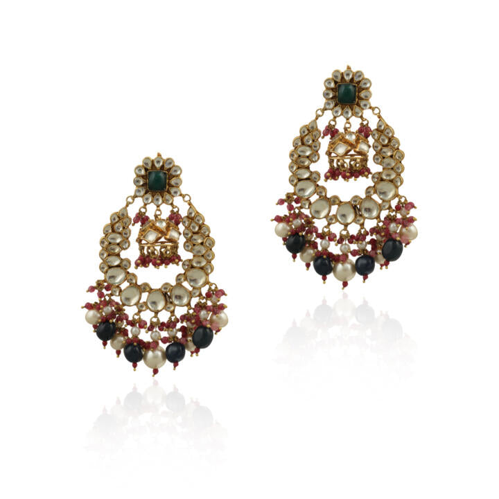 White And Green Stone Earring Beadded Blue Beads And White Pearsl With Light Pink Hangings