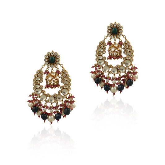 White And Green Stone Earring Beadded Blue Beads And White Pearsl With Light Pink Hangings