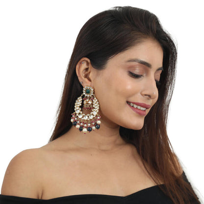 White And Green Stone Earring Beadded Blue Beads And White Pearsl With Light Pink Hangings