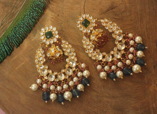 blue beads with white pearl long Earrings