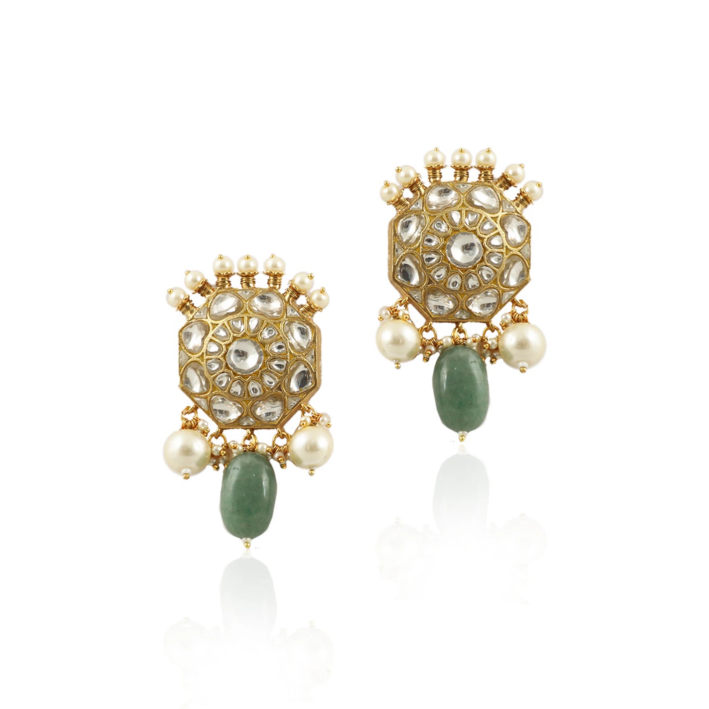 Sea Green Beads With White Pearl Earrings
