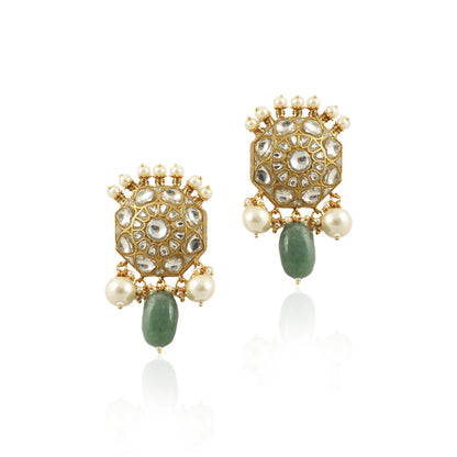 Sea Green Beads With White Pearl Earrings