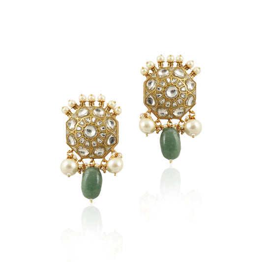 Sea Green Beads With White Pearl Earrings