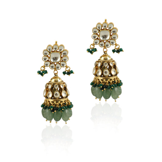 Sea Green And Dark Green Beads White Small  Jhumki