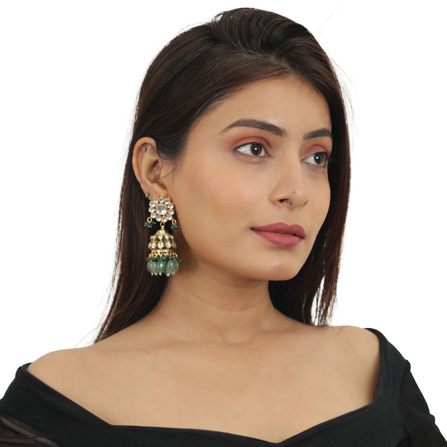 Sea Green And Dark Green Beads White Small  Jhumki