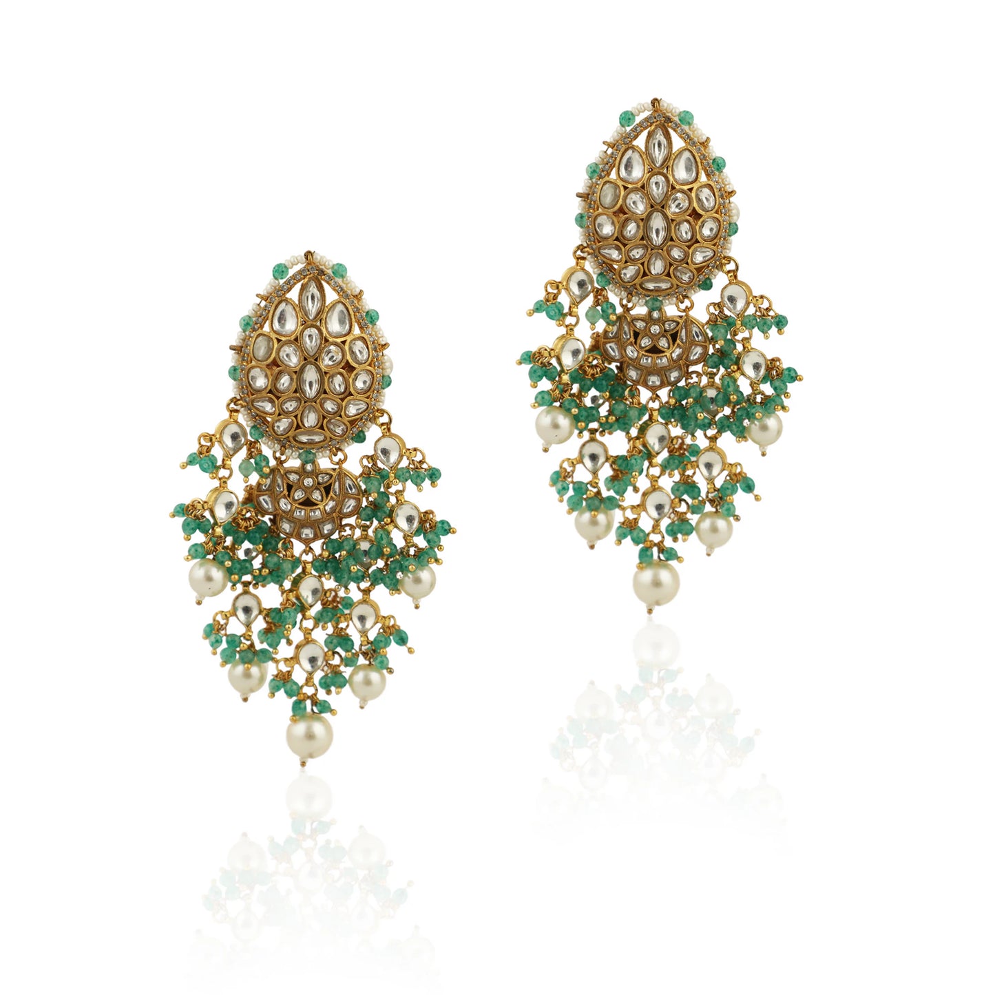 White Earrings With White Paerl And Sea Green Hangings