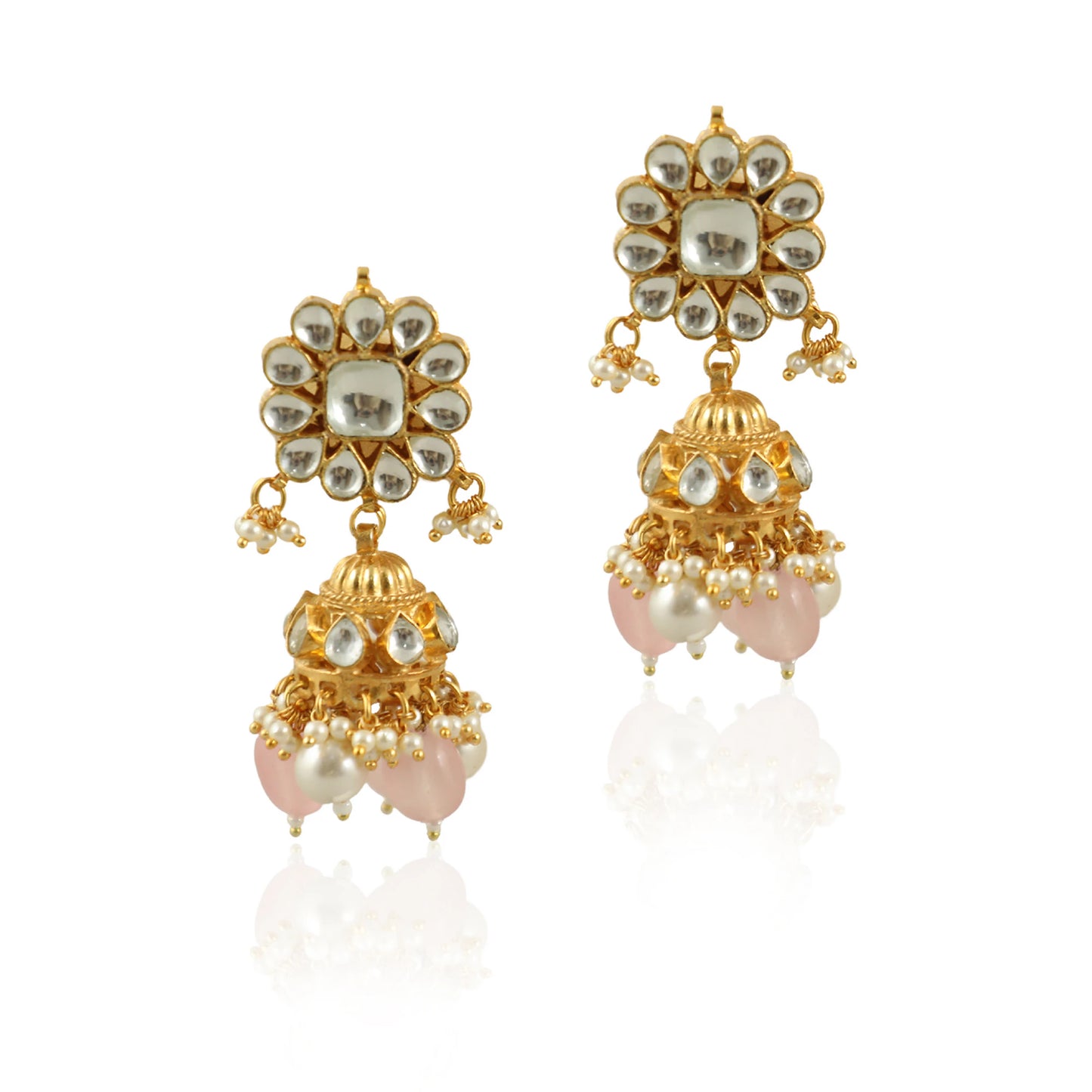 Small White Jhumki With Light Pink  Beads And Pearl
