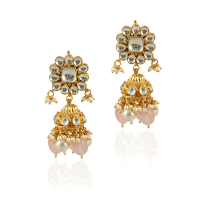 Small White Jhumki With Light Pink  Beads And Pearl