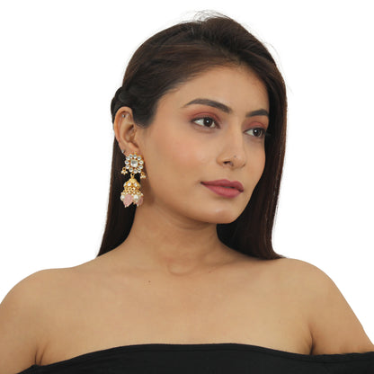 Small White Jhumki With Light Pink  Beads And Pearl