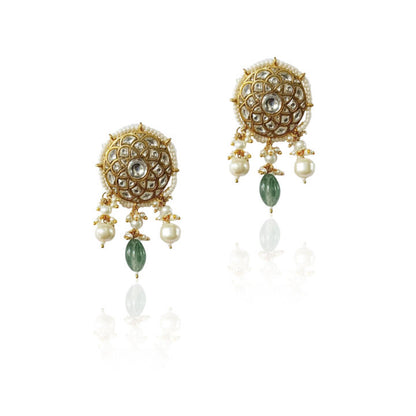 White Round Stude With Pearls  And Sea Green Beads