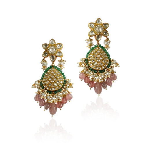 White Jadtar Stone Earrings Green Moti Work Beadded Pastel Pink Beads