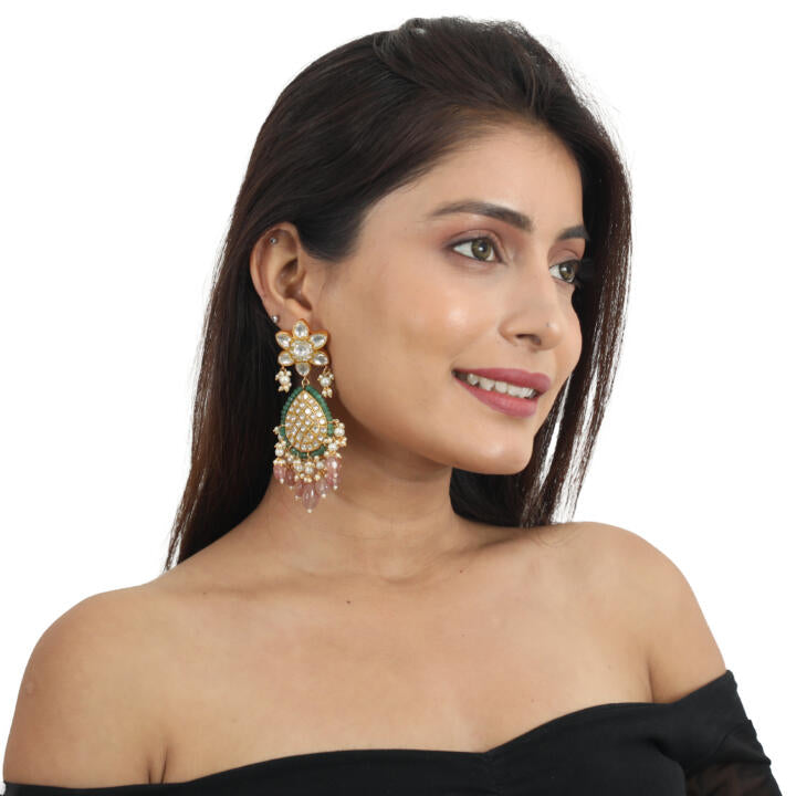 White Jadtar Stone Earrings Green Moti Work Beadded Pastel Pink Beads