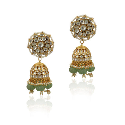 White Jhumki With Sea Green Beads