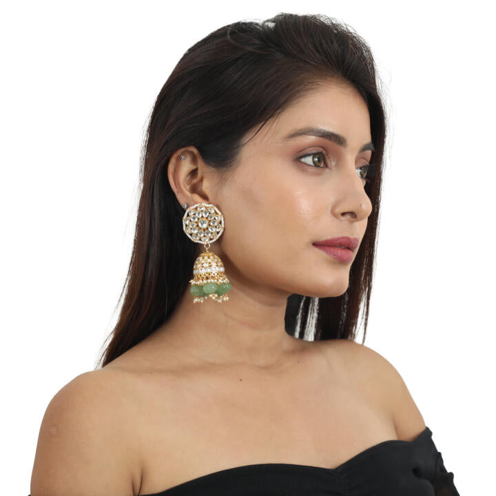 White Jhumki With Sea Green Beads