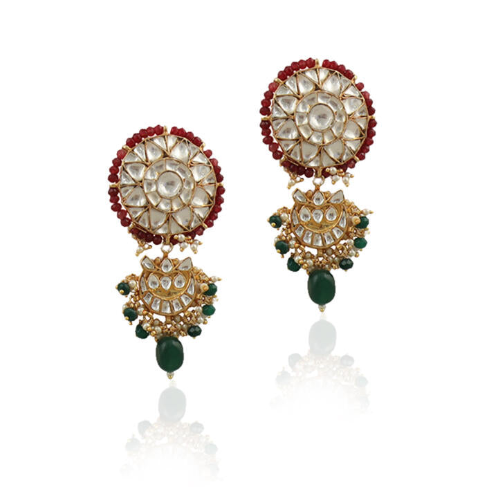 White Jadtar Stone Earrings With Red Moti Work With Green Beads
