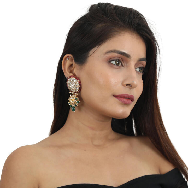 White Jadtar Stone Earrings With Red Moti Work With Green Beads
