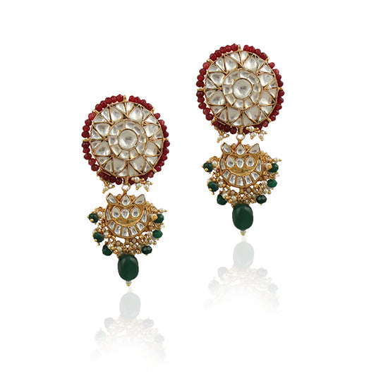 White Jadtar Stone Earrings With Red Moti Work With Green Beads