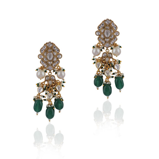 Delicately Designed Earings With Emerald Green And Pearl Drops