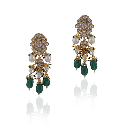 Delicately Designed Earings With Emerald Green And Pearl Drops