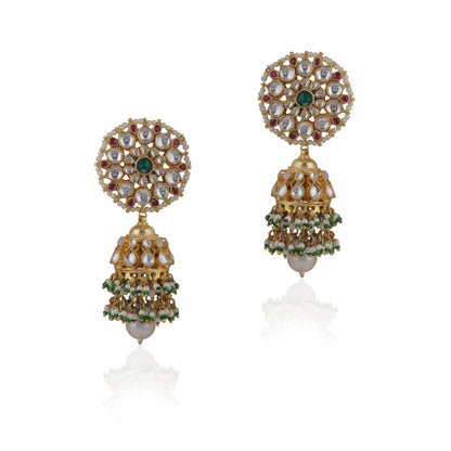 Pink And Green Floral Jadtar Stone Jhumki