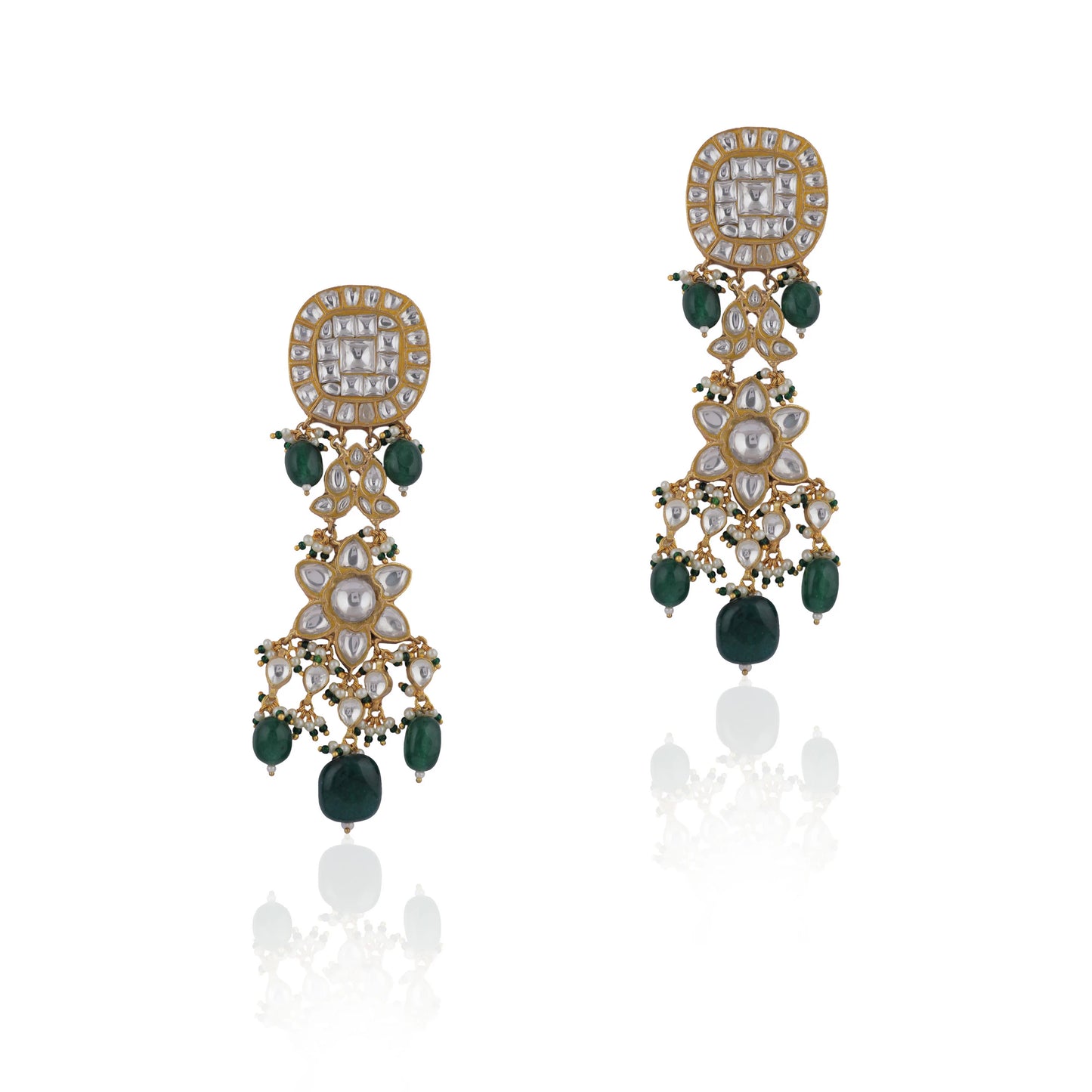 Jhumki Earrings With Green And White Floral Design Studs And Pearls