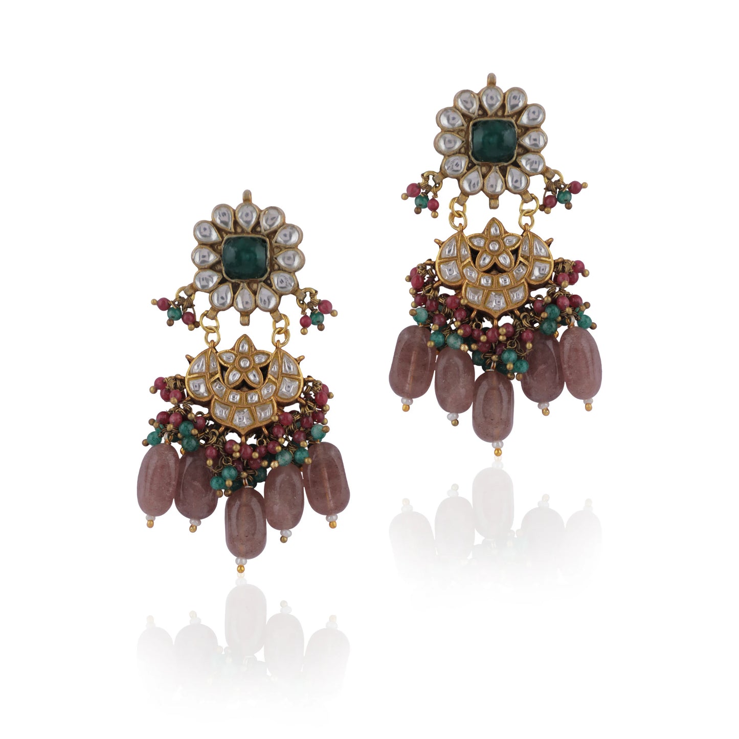 Uniquely Designed Earings In Pink And Green Beads