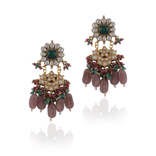 Uniquely Designed Earings In Pink And Green Beads