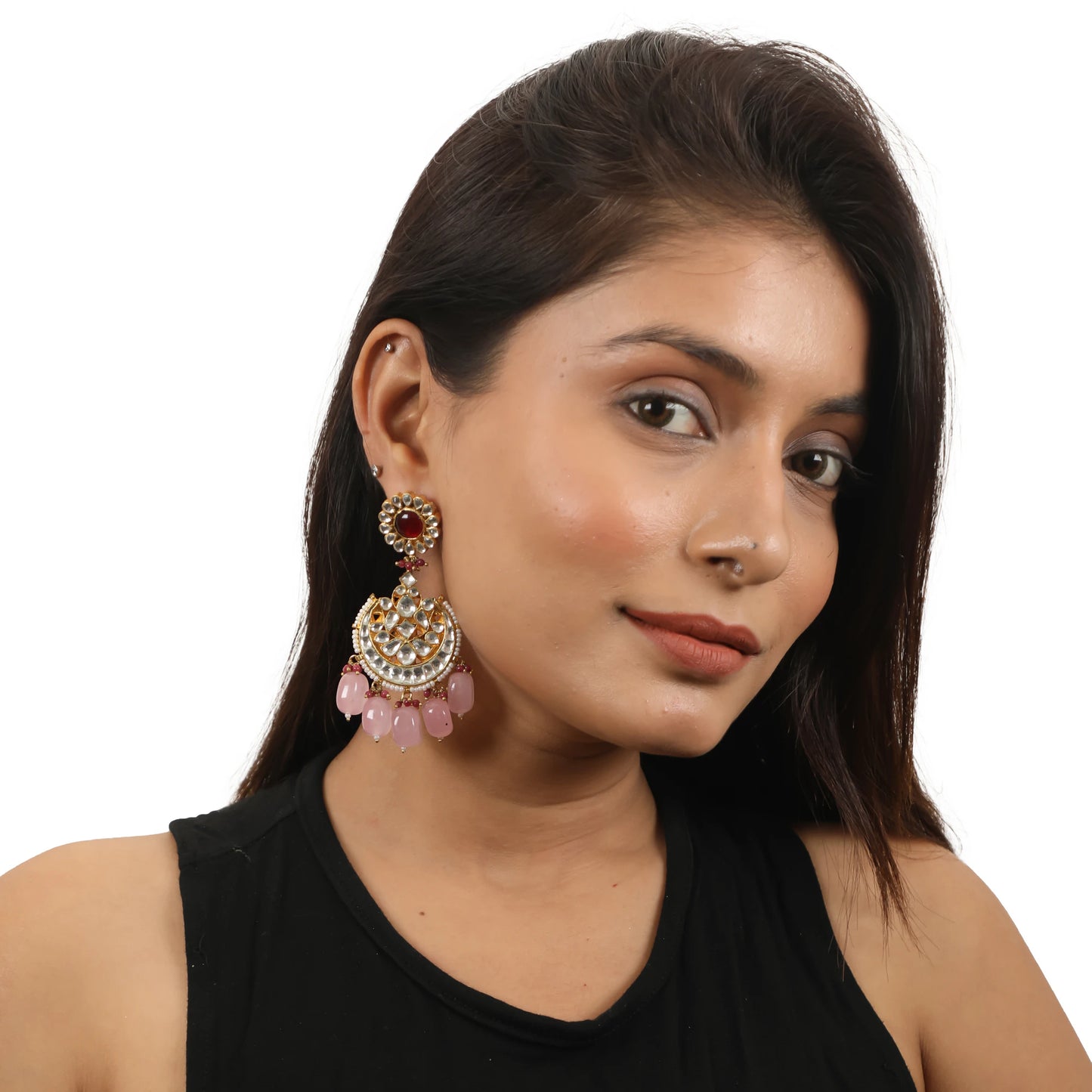 Light Pink Beads White Jadtar Chandbaali