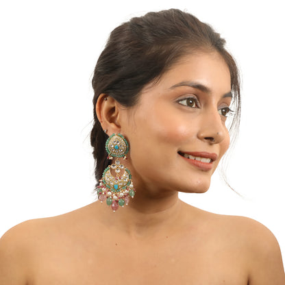 Firozi Earrings With Pastel Pink Beads