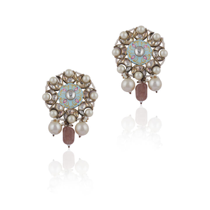 Firozi Meenakari Earring With Pink Drop