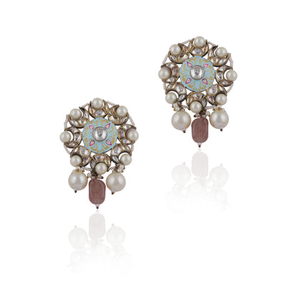 Firozi Meenakari Earring With Pink Drop